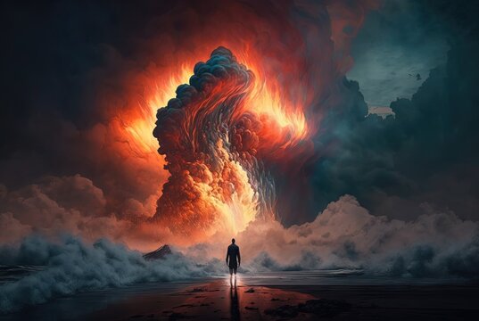 a brave man standing on shore facing fire storm, idea for fearless theme, decide to face problem, background wallpaper, Generative Ai