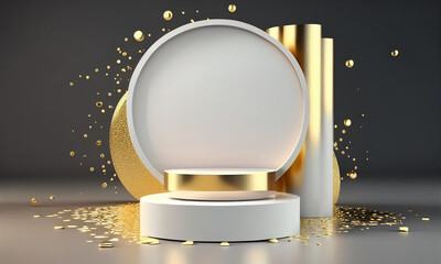 Poster - 3D empty display podium with gold glitter sparkle. Gold luxury beauty banner background design. 3d style podium shaped gold luxury background for promoting sales and marketing. Generative AI