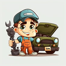 Mechanic Repairing Car, Cartoon Character, Holding A Repair Tool, Car Service, Vector Illustration, Made By AI,Artificial Intelligence