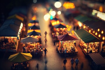 blurred night market,  miniature style inspired from Thai local marketplace, idea for travel or tourism background wallpaper Generative Ai