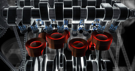 Poster - High Tech V8 Engine Animation With Rotating Pistons. Machines And Industry Related 3D Illustration Render.