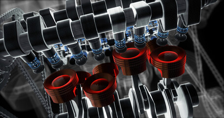 Poster - Power Hungry Working V8 Engine Animation. Futuristic Wireframe Look. Machines And Industry Related 3D Illustration Render.