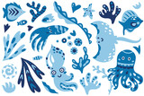 Fototapeta Fototapety na ścianę do pokoju dziecięcego - Collection with cute simple marine creatures, sea or ocean flora and fauna in blue colours