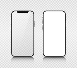 Fototapete - Two smartphone layouts with a white and transparent screen. Realistic 3D mobile phones with shadows and highlights on a transparent background. Vector illustration.