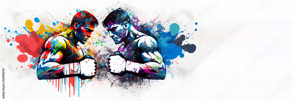Matching Boxing Background Boxing sport match, two men opponent boxer colorful splash horizontal ...