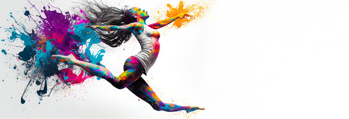 Wall Mural - Artistic gymnastic athlete sport woman colorful splash horizontal banner on white illustration with copy space. Generative AI graphic
