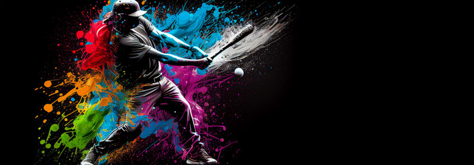 Wall Mural - Baseball sport player colorful splash horizontal banner on black background illustration with copy space. Generative AI graphic