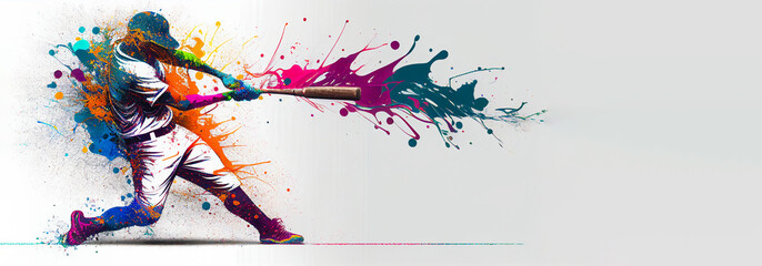 Wall Mural - Baseball sport player colorful splash horizontal banner on white background illustration with copy space. Generative AI graphic
