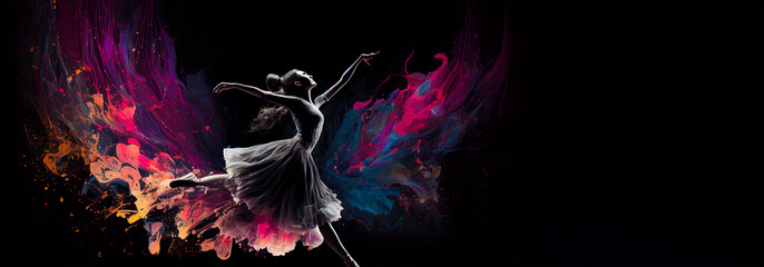 Wall Mural - Ballet dancer splash colorful illustration, black background with copy space. Generative AI