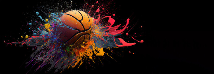 Wall Mural - Basket ball colorful splash on white illustration sport banner black background with copy space. Generative AI graphic