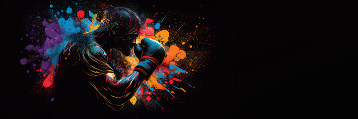 Wall Mural - Boxing sport man boxer colorful splash horizontal banner on black background illustration with copy space. Generative AI graphic