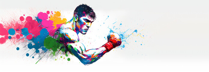 Wall Mural - Boxing sport man boxer colorful splash horizontal banner on white background illustration with copy space. Generative AI graphic