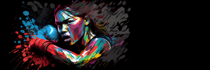 Wall Mural - Boxing sport woman boxer colorful splash horizontal banner on black background illustration with copy space. Generative AI graphic