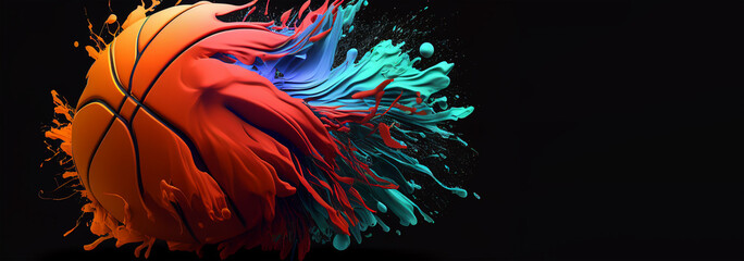 Wall Mural - Basket ball colorful splash on white illustration sport banner black background with copy space. Generative AI graphic