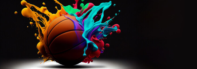 Wall Mural - Basket ball colorful splash on white illustration sport banner black background with copy space. Generative AI graphic