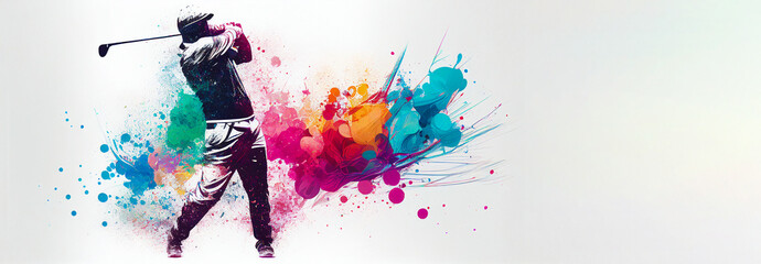 Wall Mural - Golf sport player colorful splash horizontal banner on white background copy space. Generative AI illustration