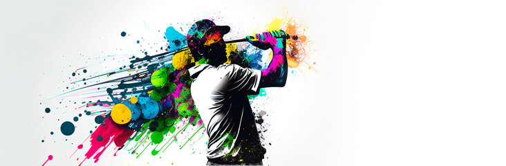 Wall Mural - Golf sport man player action colorful splash horizontal banner on white illustration with copy space. Generative AI graphic