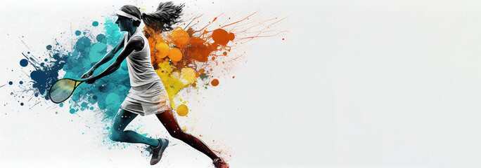Wall Mural - Tennis sport woman player colorful splash horizontal banner on white illustration with copy space. Generative AI graphic