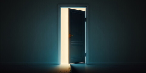 Open door in dark room symbol of hope or solution.Generative AI.