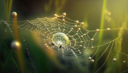 Wall Mural - a spider web with dew drops hanging from it's center and a dew drop hanging from the center of the s