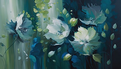 Sticker -  a painting of white flowers on a green and blue background with a white stripe in the middle of the painting and a blue and white stripe in the middle of the painting.  generative ai