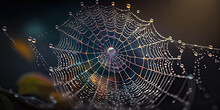 Glowing Spiderweb Texture With Drops Of Water, Banner, Generative AI