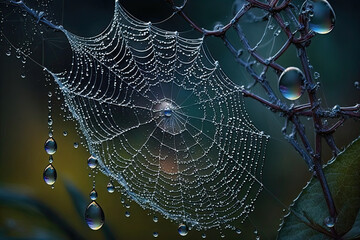 Spiderweb with drops of water, banner, Generative AI