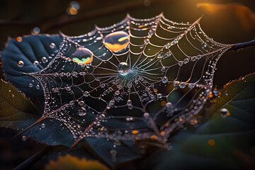 Colorful spiderweb with drops of water, background, Generative AI