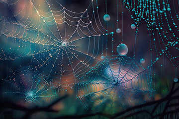 Wall Mural - Texture of multiple spiderwebs with drops of water, background, Generative AI