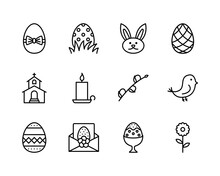 Easter Flat Line Icons Set. Contains Such Icons As Colored Egg, Bunny, Basket, Cake And Chick. Simple Flat Vector Illustration For Web Site Or Mobile App