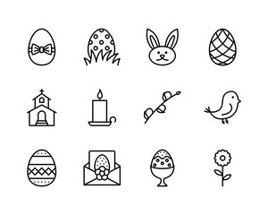 Wall Mural - Easter flat line icons set. Contains such icons as Colored egg, bunny, basket, cake and chick. Simple flat vector illustration for web site or mobile app