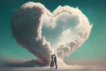 Wall Mural - Illustration of a couple kissing and a heart in a background, a valentines day concept. Generative AI.