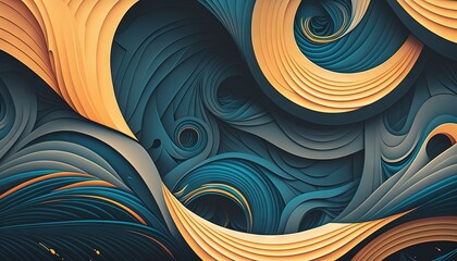 Sticker -  an abstract painting of wavy shapes in blue, yellow, and orange colors, with a black background and a white background with a black border.  generative ai