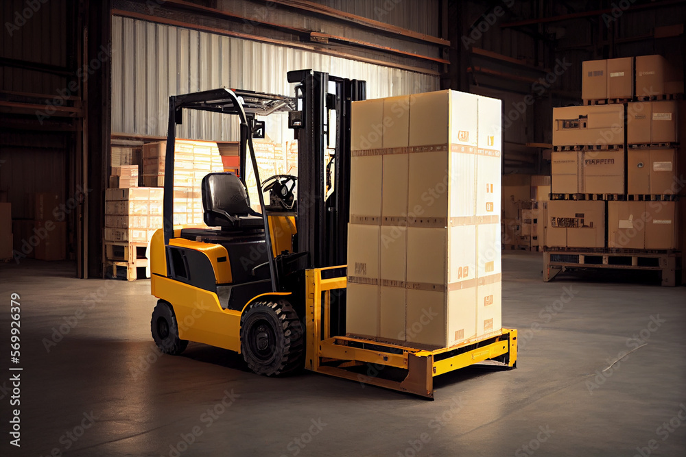 A forklift loads pallets and boxes onto racks in a huge hangar or ...