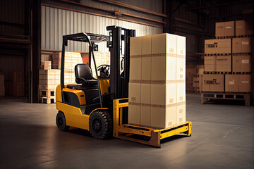 a forklift loads pallets and boxes onto racks in a huge hangar or warehouse. ai generative.