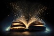 Magic Book With Open Pages And Abstract Lights Shining In Darkness - Fairytale book Concept
