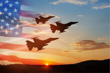 Air Force Day. Aircraft Silhouettes On Background Of Sunset With A Transparent American Flag.