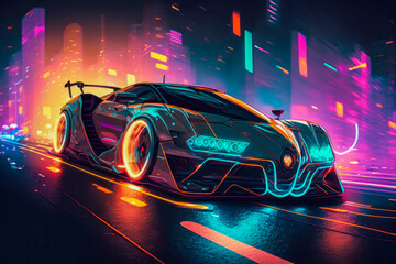 futuristic car driving down a city street at night. Generative AI.