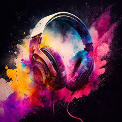 pair of headphones with colorful paint splatters. Generative AI.