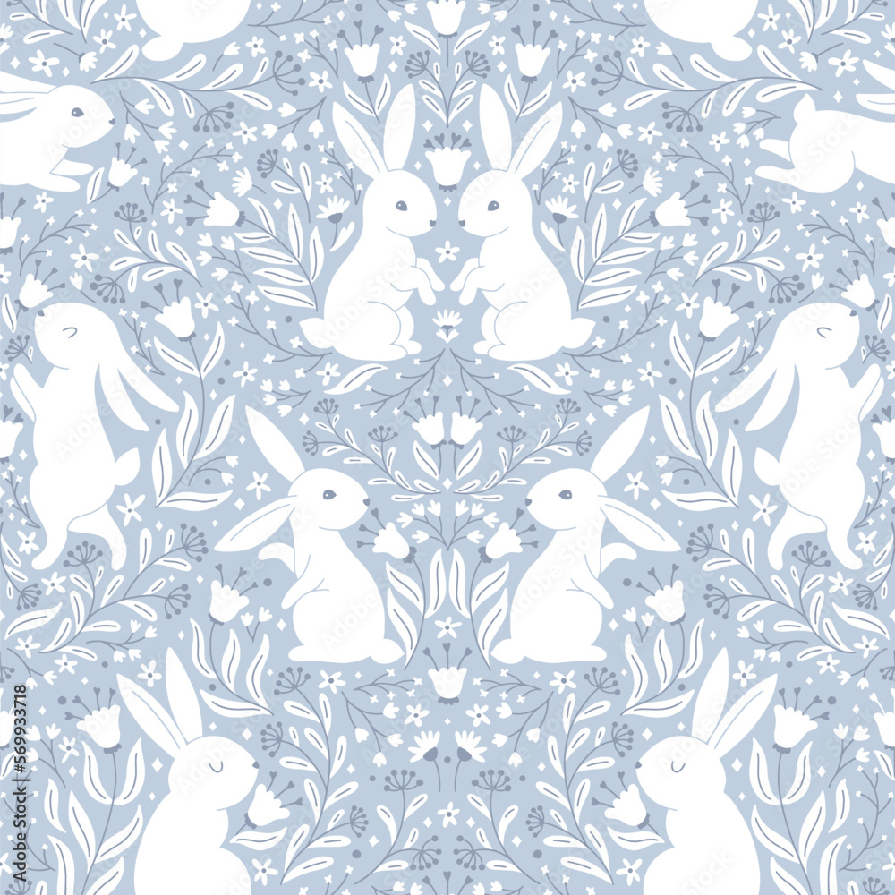 Symmetrical easter vintage seamless pattern with white hares in folk ...