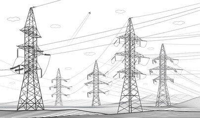 Wall Mural - High voltage transmission systems. Electric pole. Power lines. Energy pylons. Black outlines image. A network of interconnected electrical. Vector design illustration