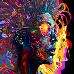 Wall Mural - painting of a man's face with colorful hair. Generative AI.