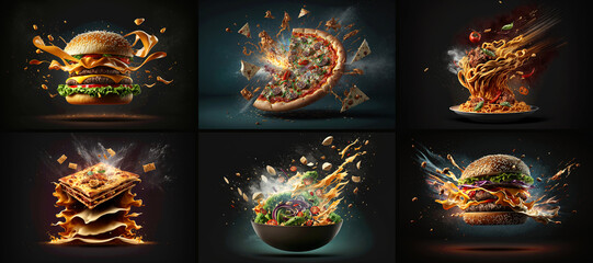 Wall Mural - Fast food is exploding set. Pizza, cheeseburger, salad and lasagne. Generative ai.