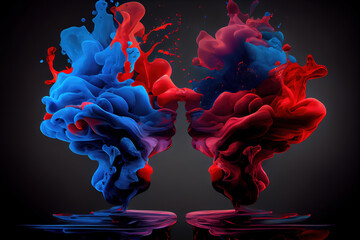 Acrylic blue and red colors in water. Generative AI