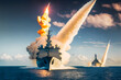 Military powerful ships in the sea release cruise missiles taking off leaving a trail in the sea. Generative AI technology.
