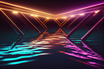 Poster - Abstract neon light fluorescent Neon Lights glow ,Reflection on water,neon lights exhibition background , 3D illustration.