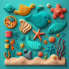 Underwater life made of plasticine, children`s creativity, children`s leisure, ai generated