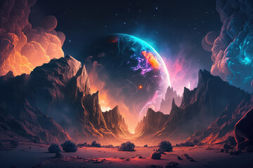 abstract fantasy neon space landscape. star nebulae, month and moon, mountains, fog. unreal fantasy 