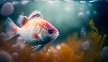 Beautiful Cherry Barb Fish Swimming In Colorful Coral Reef In Crystal Clear Waters. Generative AI