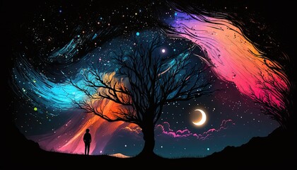 Wall Mural - a man under  starry night sky with silhouette forest shadow, Generative Ai